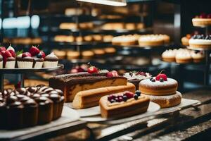 various types of cakes and pastries on display in a bakery. AI-Generated photo