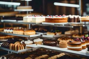 many different types of cakes are on display in a bakery. AI-Generated photo