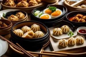 a variety of dumplings and other food in bamboo baskets. AI-Generated photo