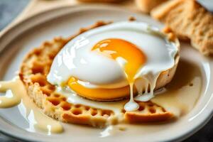 an egg is sitting on a plate with a waffle. AI-Generated photo