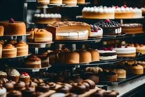 un monitor de pasteles y pasteles en un panadería. generado por ai foto