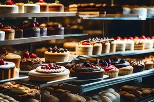 many different types of cakes are on display in a bakery. AI-Generated photo