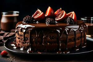 a chocolate cake with berries and chocolate drizzle. AI-Generated photo