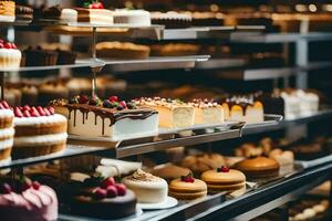 many different types of cakes are on display in a bakery. AI-Generated photo