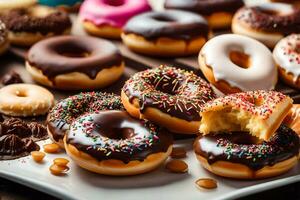 a plate of donuts with chocolate and sprinkles. AI-Generated photo