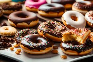 un plato de rosquillas con chocolate y asperja. generado por ai foto