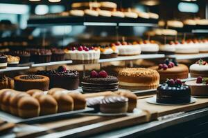 un panadería monitor con muchos diferente tipos de pasteles generado por ai foto