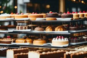 many different types of cakes are on display in a bakery. AI-Generated photo