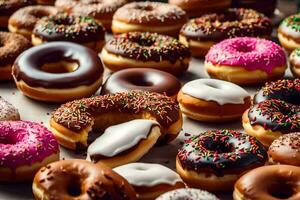 a large group of donuts with different colors and toppings. AI-Generated photo