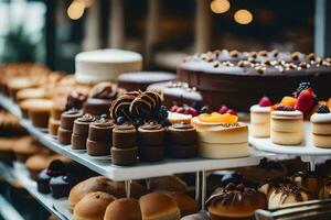 a variety of cakes and pastries on display in a bakery. AI-Generated photo