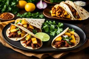 three tacos with meat and vegetables on a black plate. AI-Generated photo