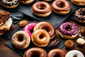 a variety of donuts on a table. AI-Generated photo