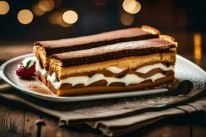 un rebanada de pastel en un plato con un tenedor. generado por ai foto