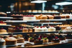 many different types of cakes are on display in a bakery. AI-Generated photo