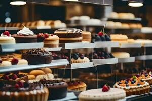 many different types of cakes are on display in a bakery. AI-Generated photo