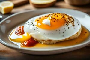 an egg on a plate with tomatoes and a slice of lemon. AI-Generated photo