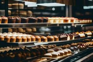 a bakery display case with many different types of pastries. AI-Generated photo