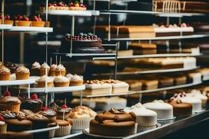 many different types of cakes are on display in a bakery. AI-Generated photo