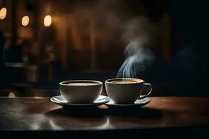 two cups of coffee on a table with steam. AI-Generated photo