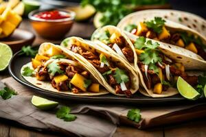 tacos with meat, pineapple and mango on a plate. AI-Generated photo