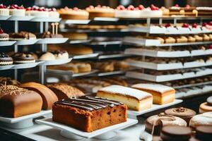 many different types of cakes are on display in a bakery. AI-Generated photo