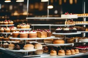 many different types of cakes are displayed on shelves. AI-Generated photo