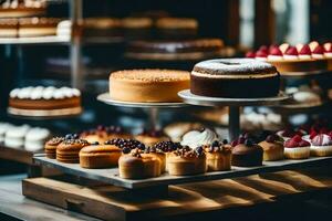 a display of cakes in a bakery. AI-Generated photo