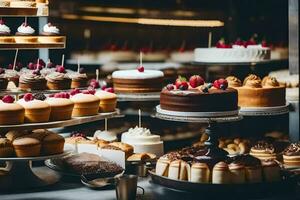 many different types of cakes and pastries on display. AI-Generated photo