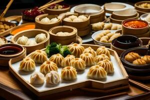 a table with many different types of dumplings. AI-Generated photo