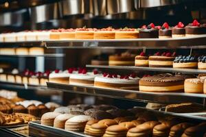 many different types of cakes are on display in a bakery. AI-Generated photo