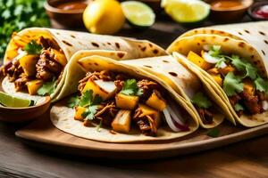 three tacos with meat and vegetables on a wooden cutting board. AI-Generated photo