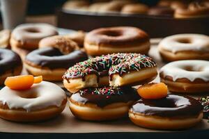 un manojo de rosquillas con chocolate y asperja. generado por ai foto