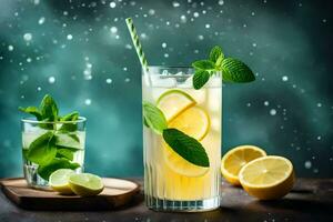 a glass of lemonade with mint leaves and lemons. AI-Generated photo