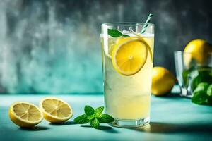 a glass of lemonade with mint leaves and slices. AI-Generated photo