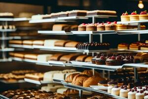 many different types of pastries are on display in a bakery. AI-Generated photo