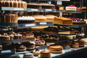 many different types of cakes are on display in a bakery. AI-Generated photo