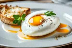 an egg on a plate with bread and sauce. AI-Generated photo