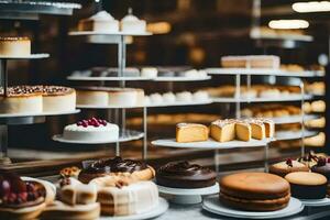 many different types of cakes are on display in a bakery. AI-Generated photo