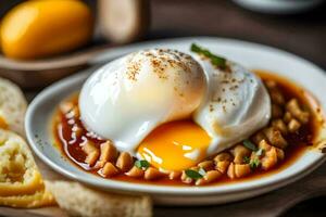 eggs on toast with a poached egg. AI-Generated photo