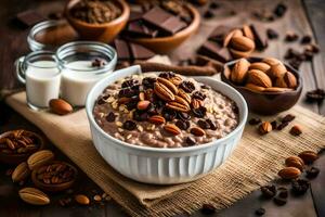 chocolate oatmeal with almonds and chocolate. AI-Generated photo