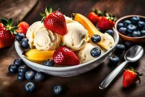 un cuenco de hielo crema con fresas, arándanos y plátanos generado por ai foto