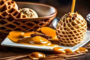 caramel ice cream with waffle and caramel sauce on a wooden table. AI-Generated photo