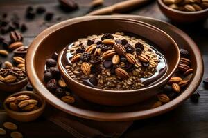 chocolate oatmeal with nuts and dried fruit. AI-Generated photo