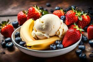 a bowl of ice cream with strawberries, blueberries and bananas. AI-Generated photo