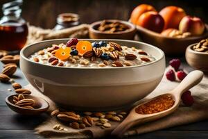 oatmeal with nuts and fruit in a bowl. AI-Generated photo