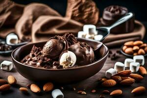 chocolate ice cream with almonds and marshmallows in a bowl. AI-Generated photo