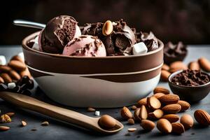 chocolate ice cream in a bowl with almonds. AI-Generated photo