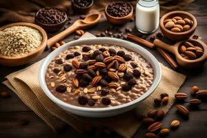 chocolate harina de avena con nueces y Almendras en un bol. generado por ai foto