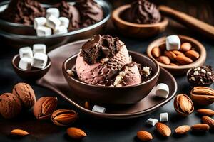 chocolate ice cream in a bowl with almonds. AI-Generated photo