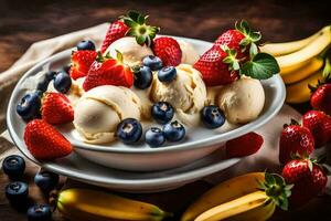 un cuenco de hielo crema con fresas, arándanos y plátanos generado por ai foto